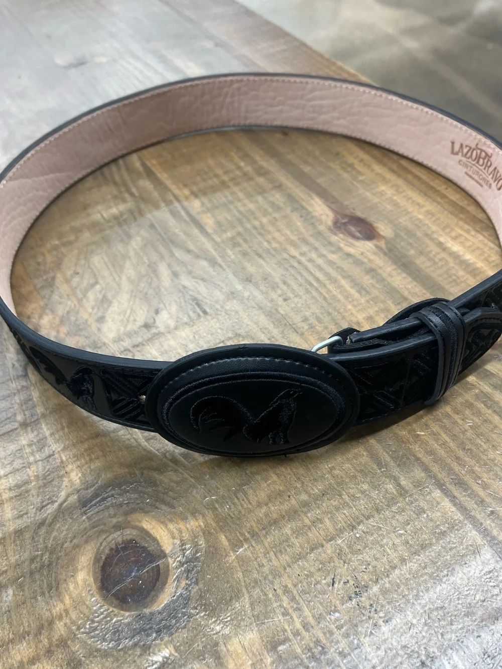 Black Leather Belt with Embroidered Rooster Design